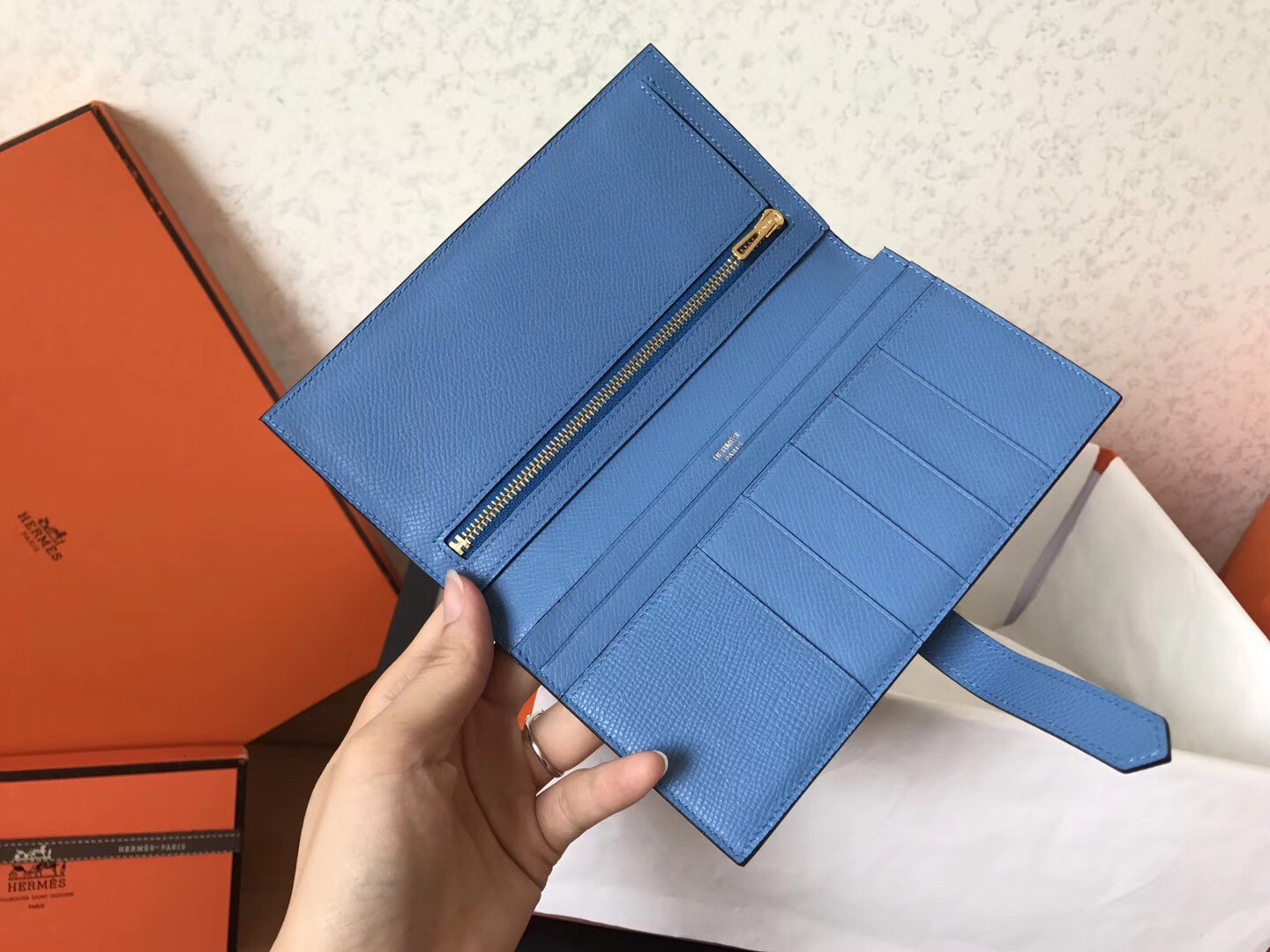 Hermes Blue Jean Epsom Bearn Gusset Wallet