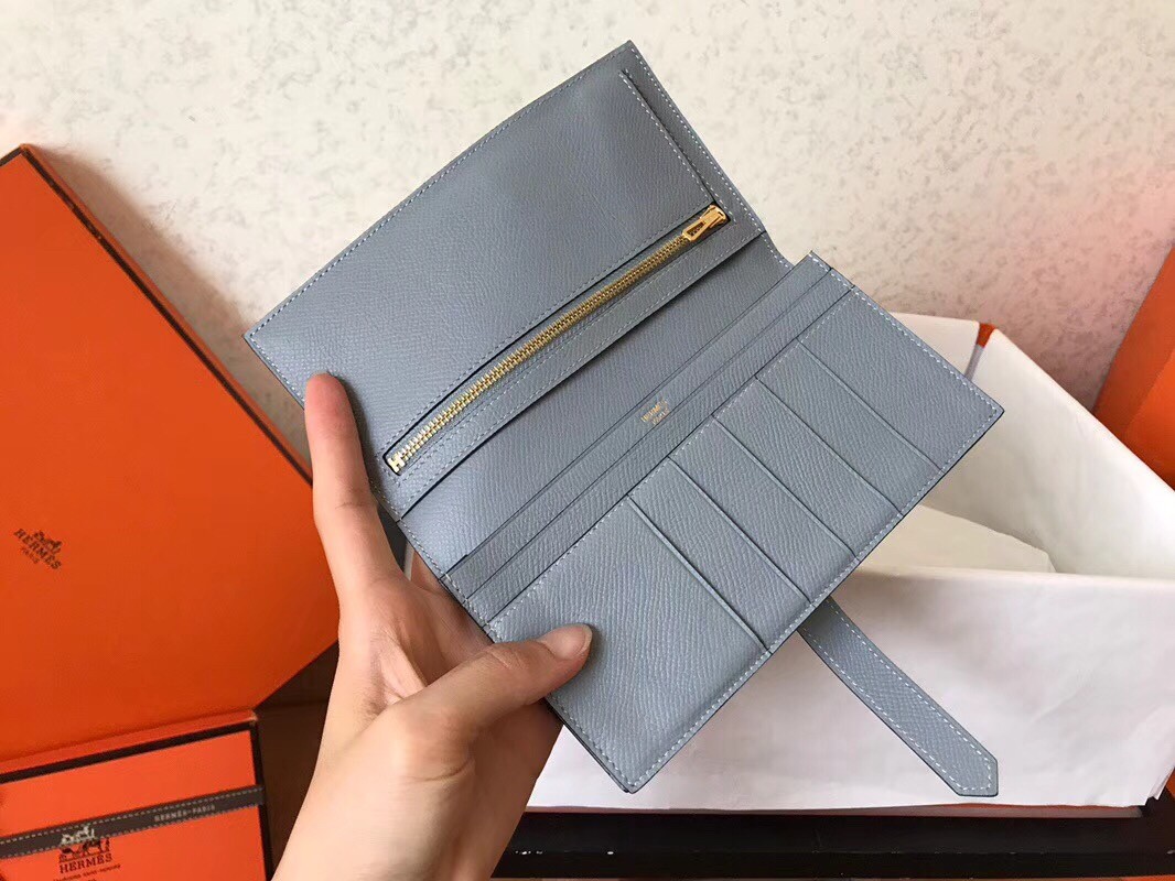 Hermes Blue Lin Epsom Bearn Gusset Wallet