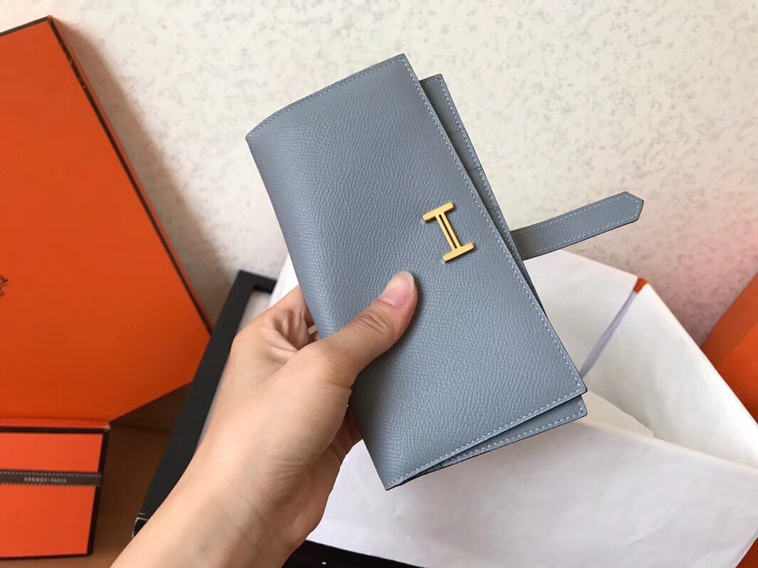 Hermes Blue Lin Epsom Bearn Gusset Wallet