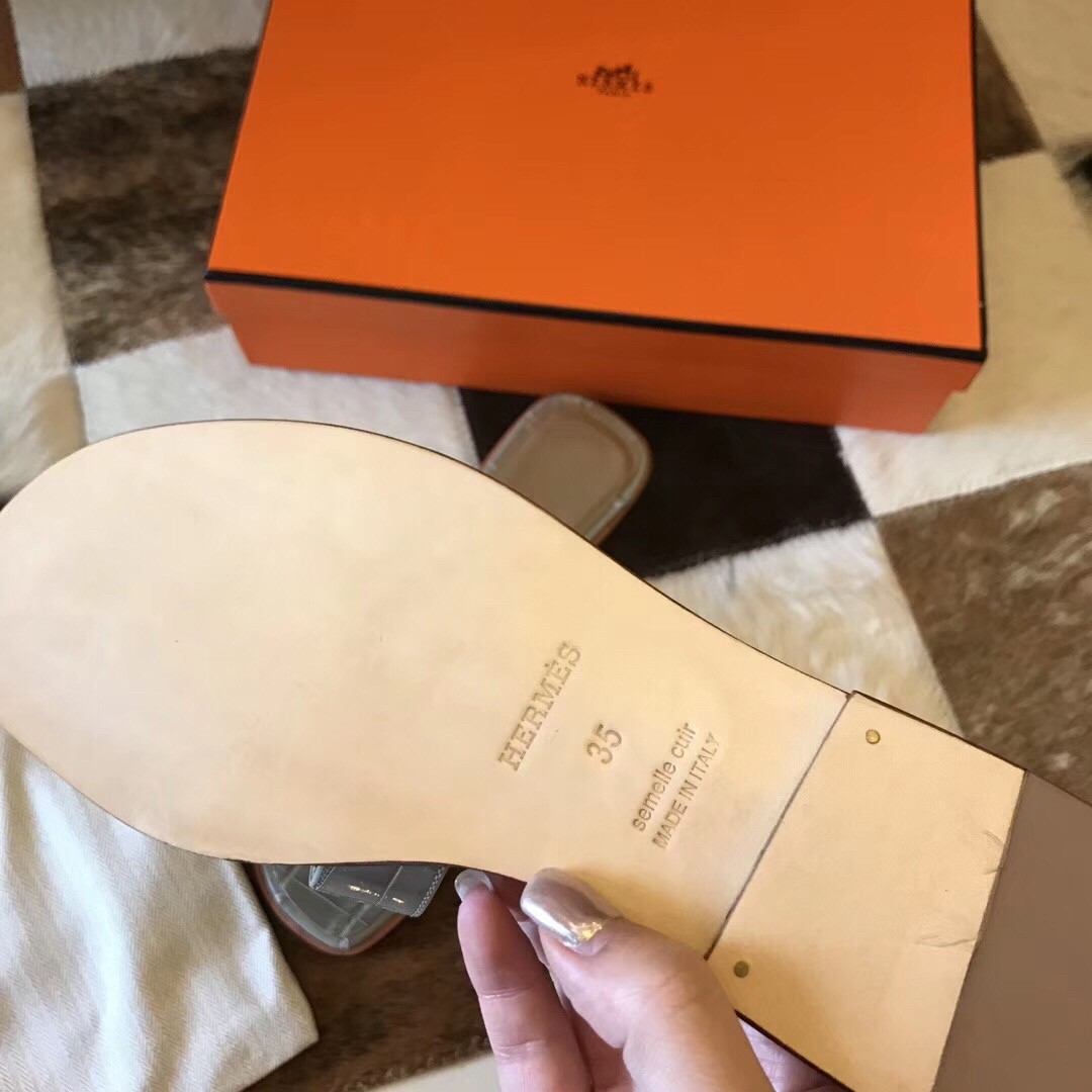 Hermes Oran Sandals In Grey Shiny Niloticus Crocodile