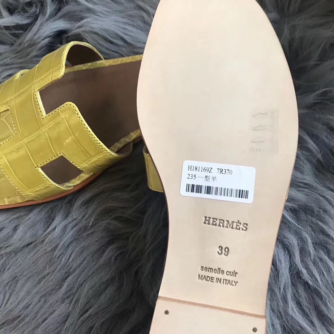 Hermes Oran Sandals In Yellow Shiny Niloticus Crocodile