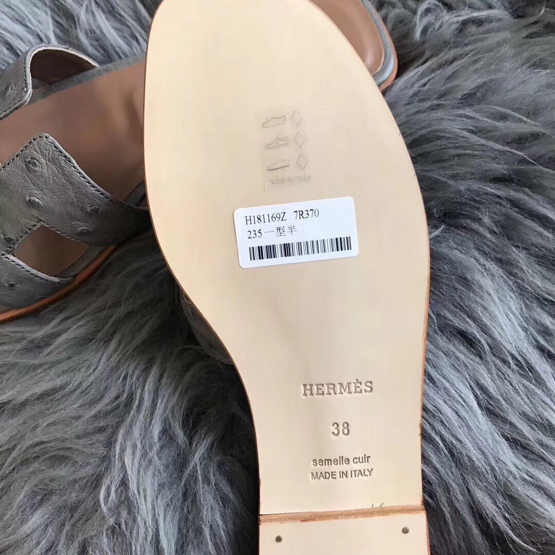 Hermes Oran Sandals In Grey Ostrich Leather