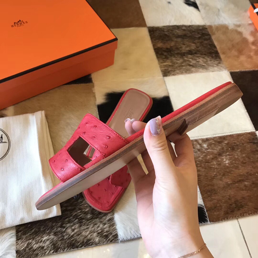 Hermes Oran Sandals In Red Ostrich Leather