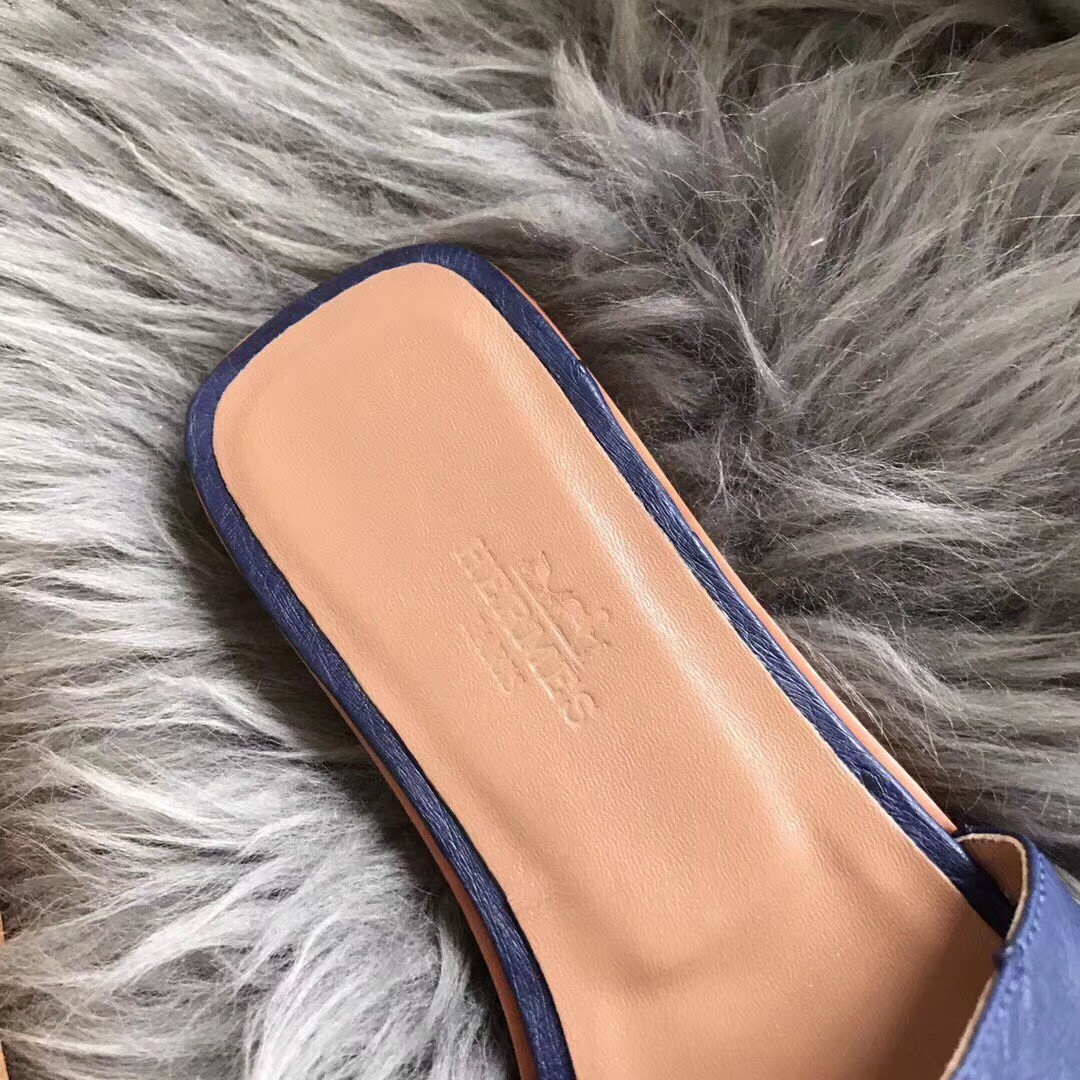 Hermes Oran Sandals In Blue Ostrich Leather