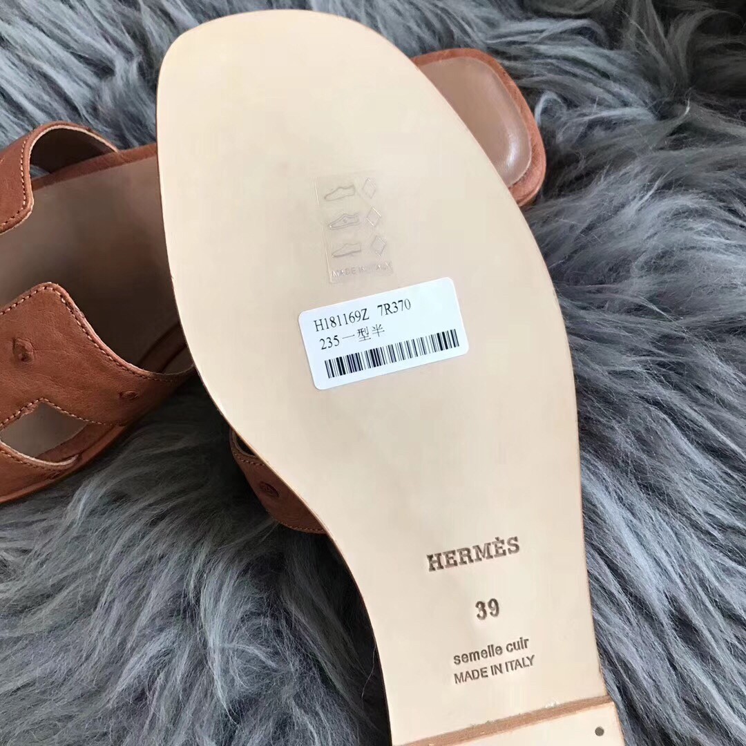Hermes Oran Sandals In Brown Ostrich Leather