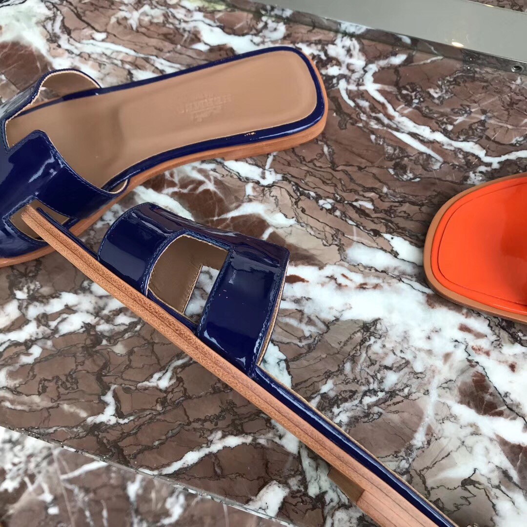 Hermes Oran Sandals In Blue Patent Leather