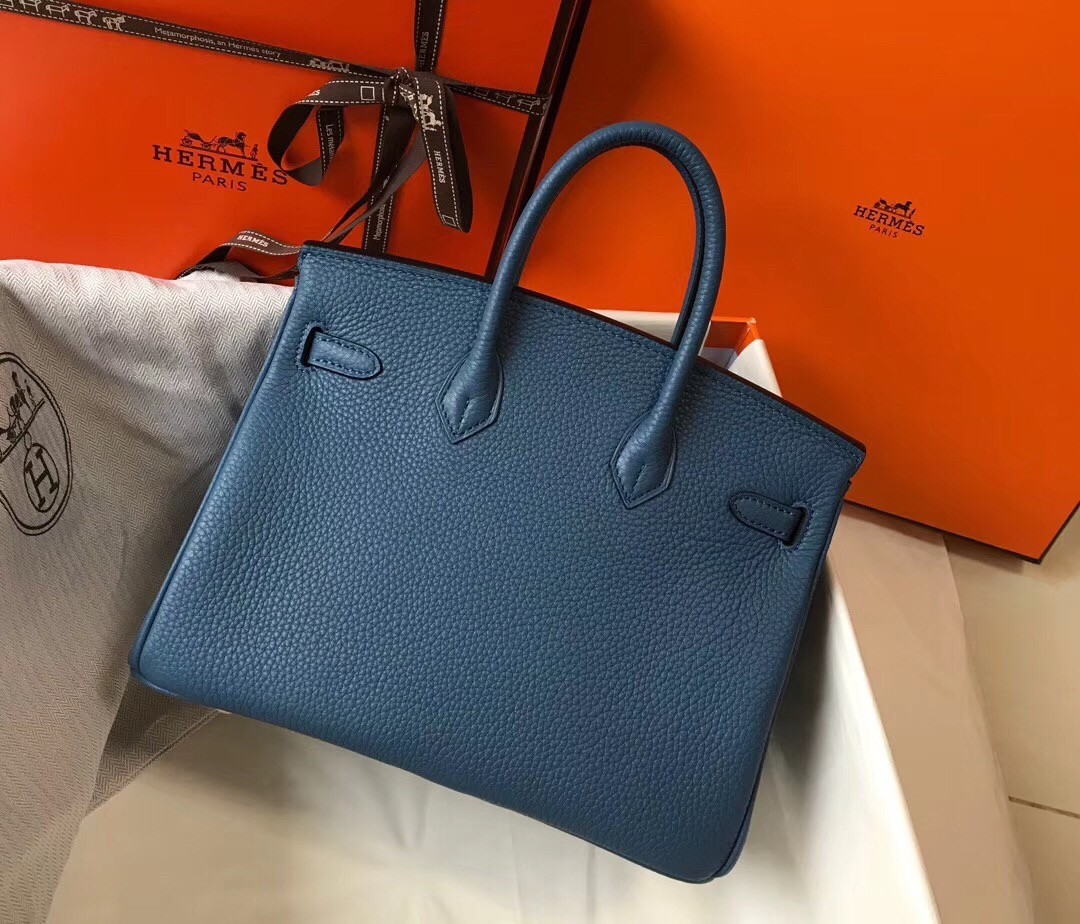 Hermes Birkin 25cm Bag In Blue Agate Clemence Leather