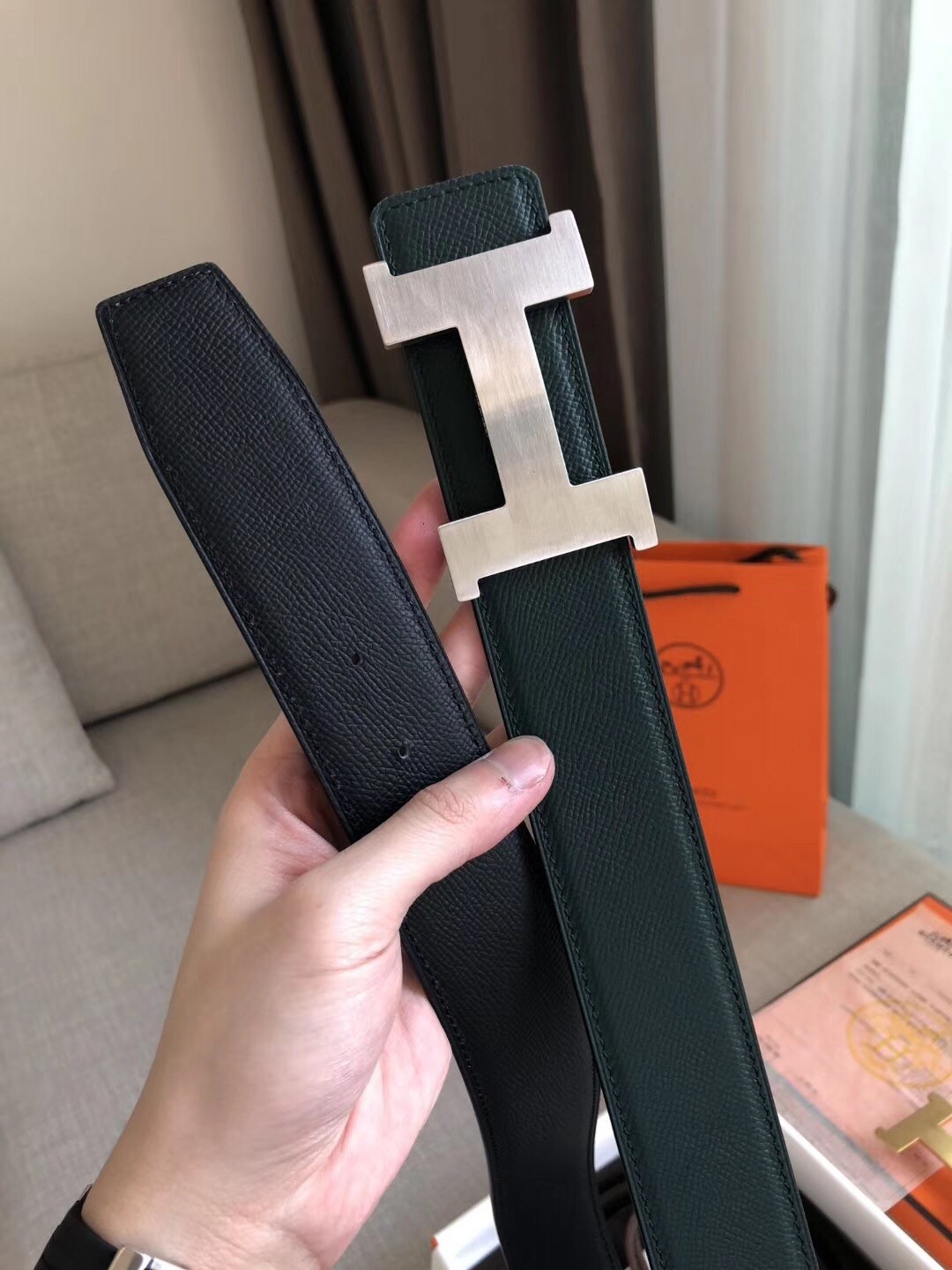 Hermes Constance 2 Belt Buckle & Black/Green Epsom 42MM Strap
