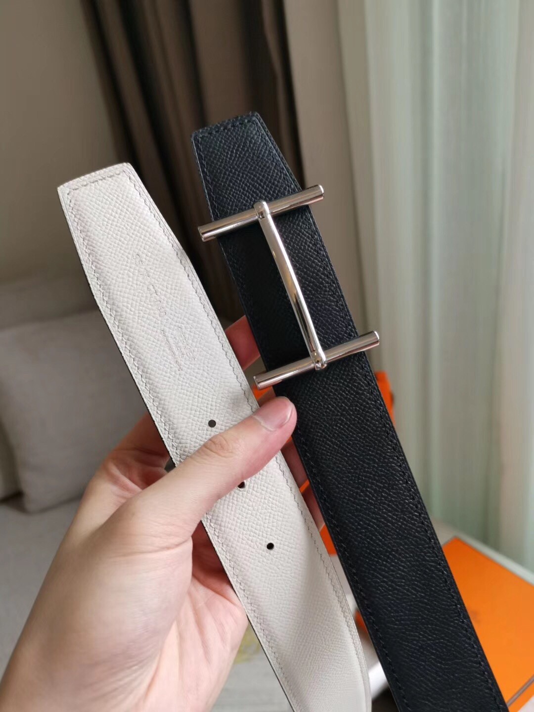 Hermes H d'Ancre Reversible Belt In Black/White Epsom Leather