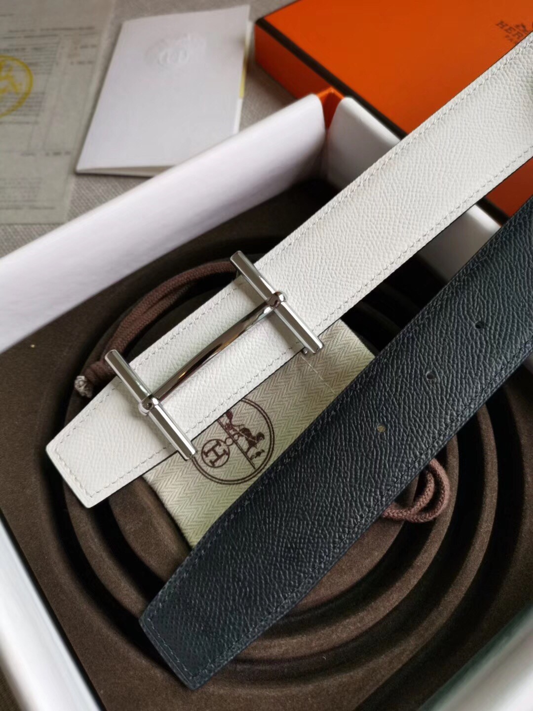 Hermes H d'Ancre Reversible Belt In Black/White Epsom Leather