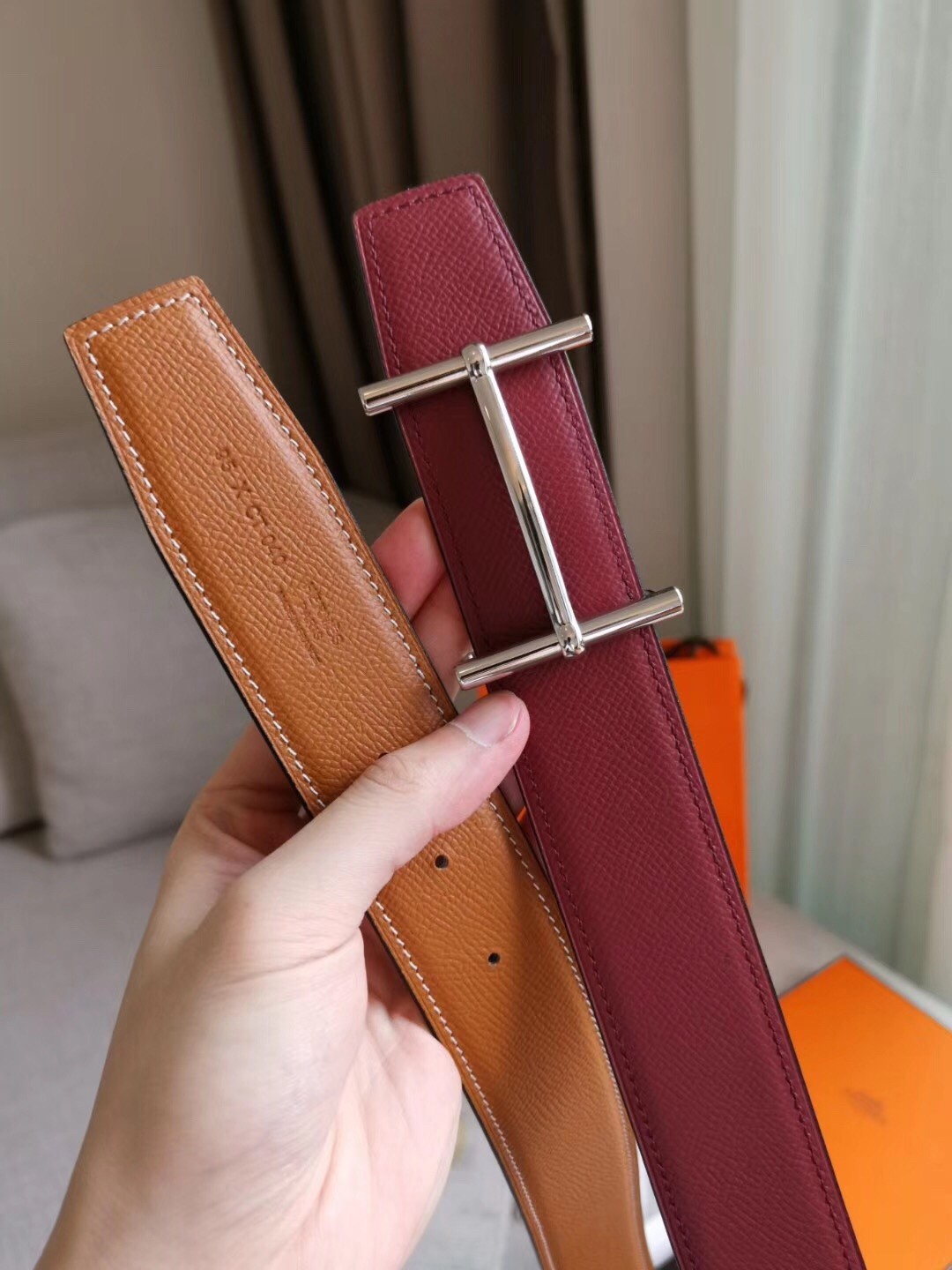 Hermes H d'Ancre Reversible Belt In Gold/Red Epsom Leather