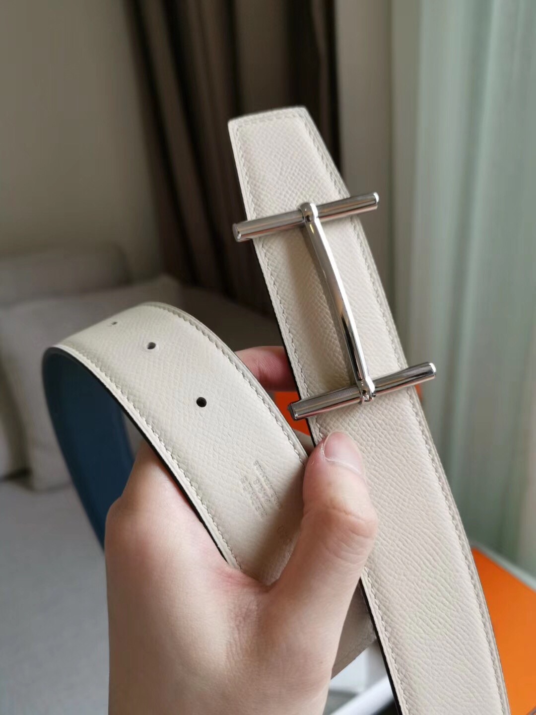Hermes H d'Ancre Reversible Belt In Blue/White Epsom Leather
