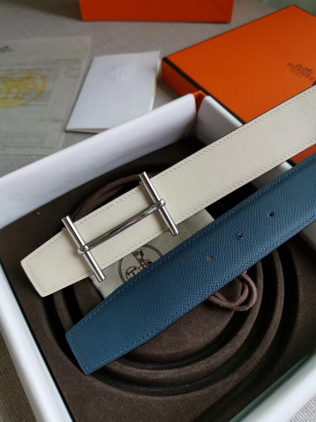 Hermes H d'Ancre Reversible Belt In Blue/White Epsom Leather