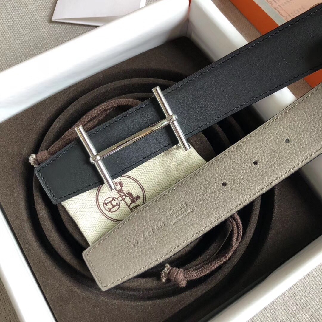 Hermes H d'Ancre Reversible Belt In Grey/Noir Leather