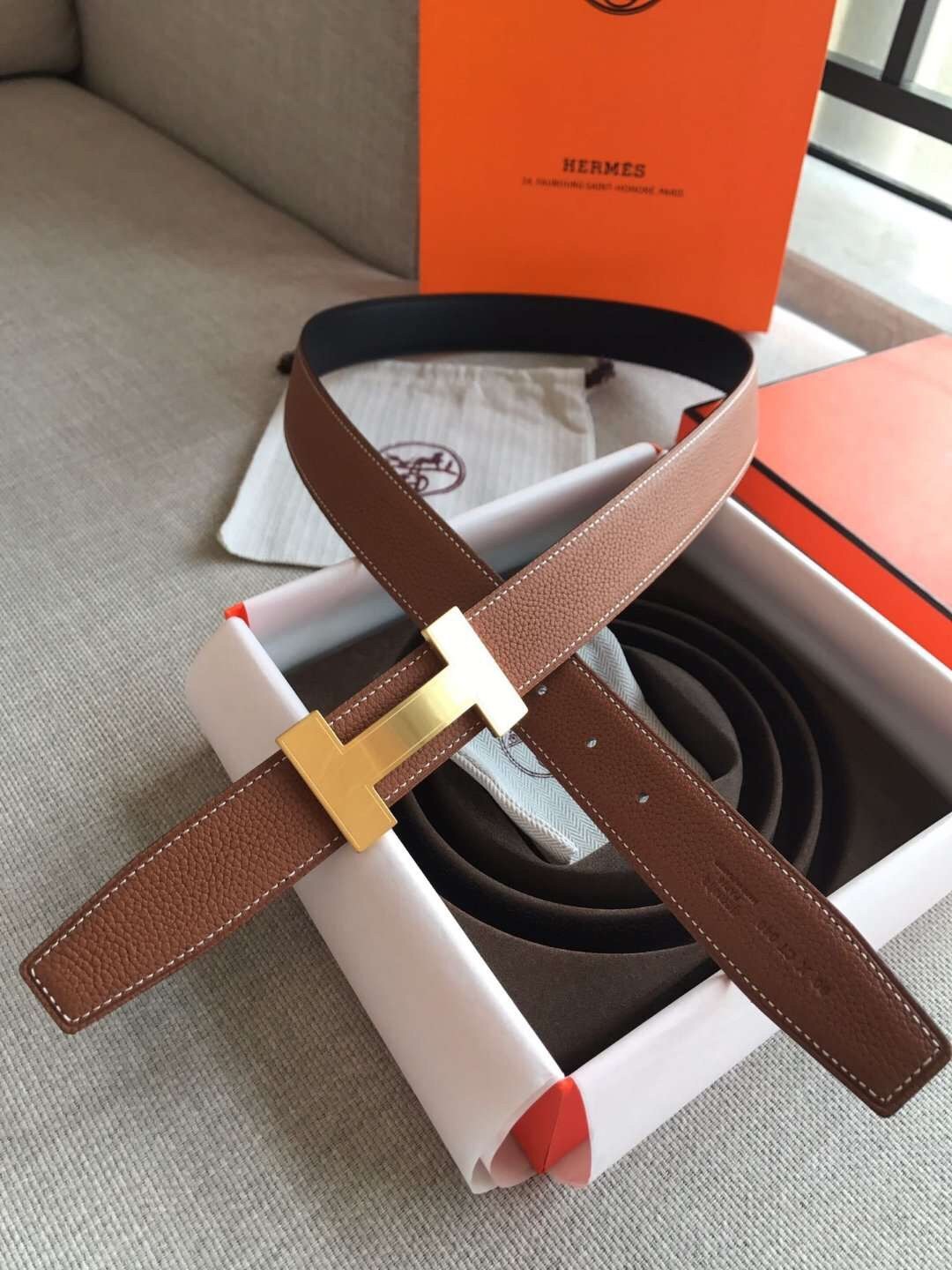 Hermes Quizz 32mm Reversible Belt In Brown Clemence Leather