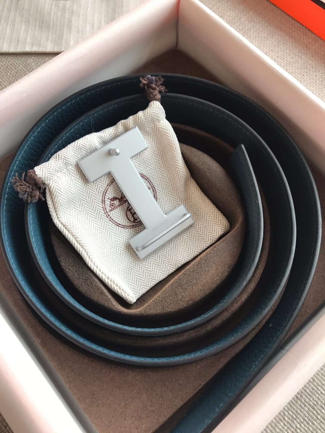 Hermes Quizz 32mm Reversible Belt In Blue Clemence Leather