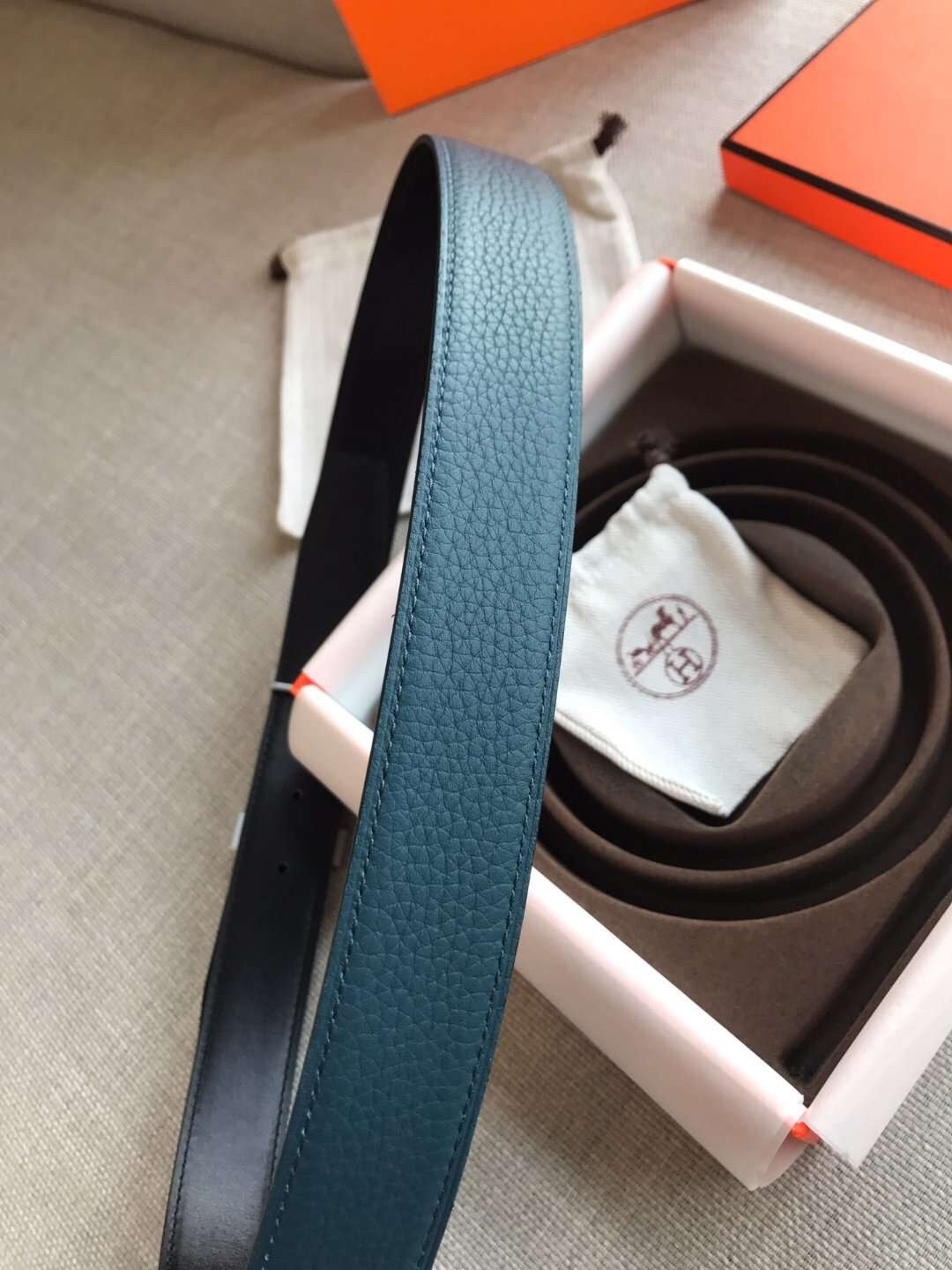 Hermes Quizz 32mm Reversible Belt In Blue Clemence Leather