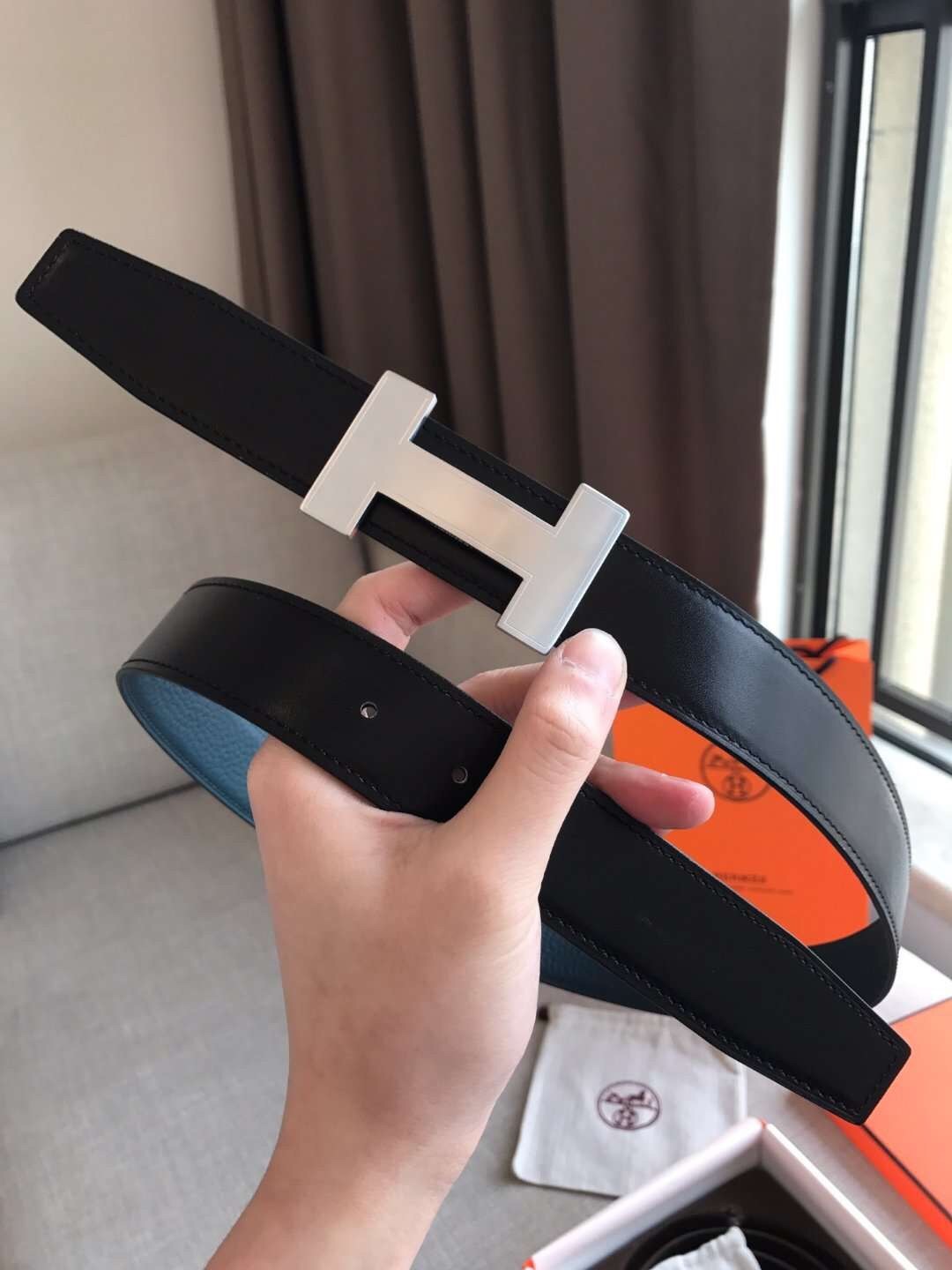 Hermes Quizz 32mm Reversible Belt In Blue Clemence Leather