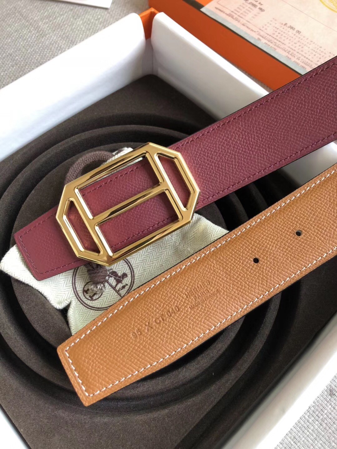 Hermes Pad Reversible Belt In Ruby/Brown Epsom Leather