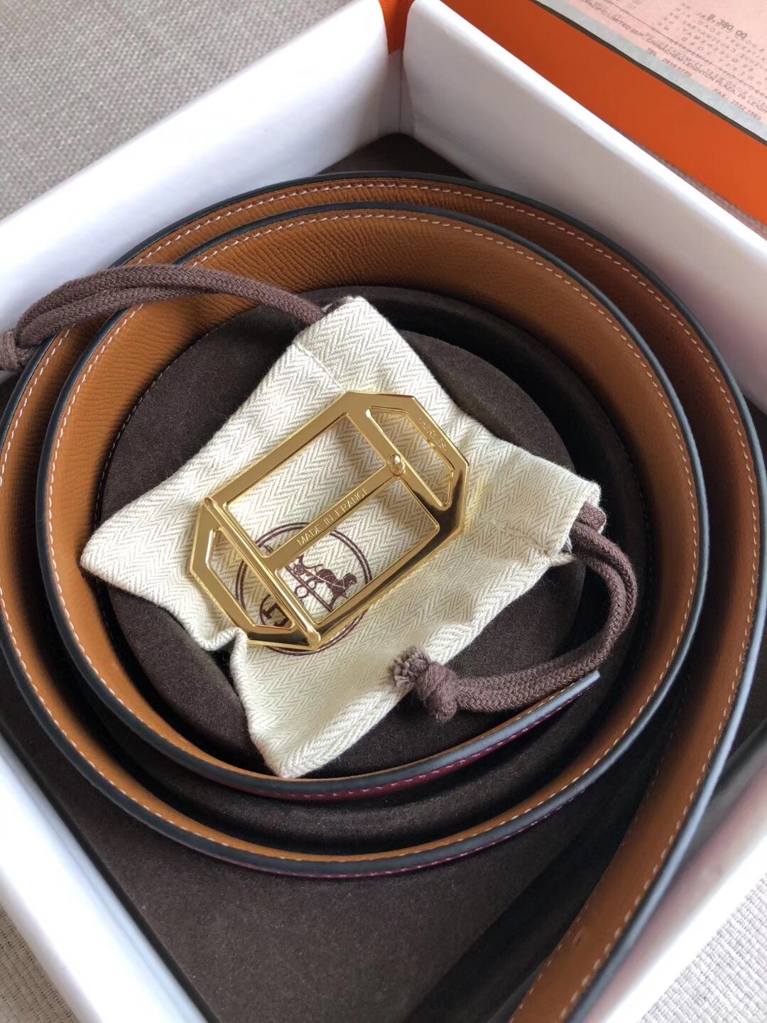 Hermes Pad Reversible Belt In Ruby/Brown Epsom Leather