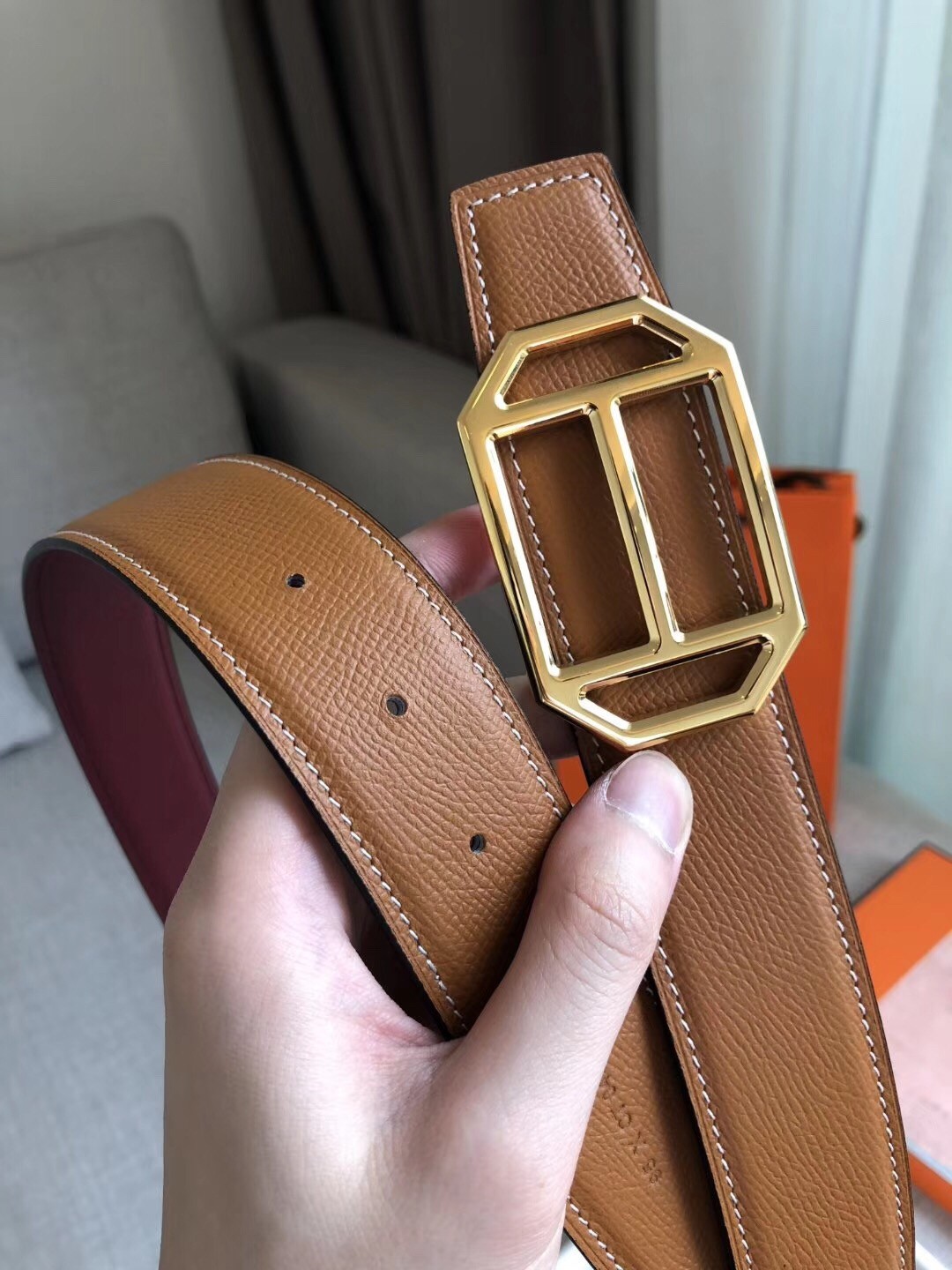 Hermes Pad Reversible Belt In Ruby/Brown Epsom Leather