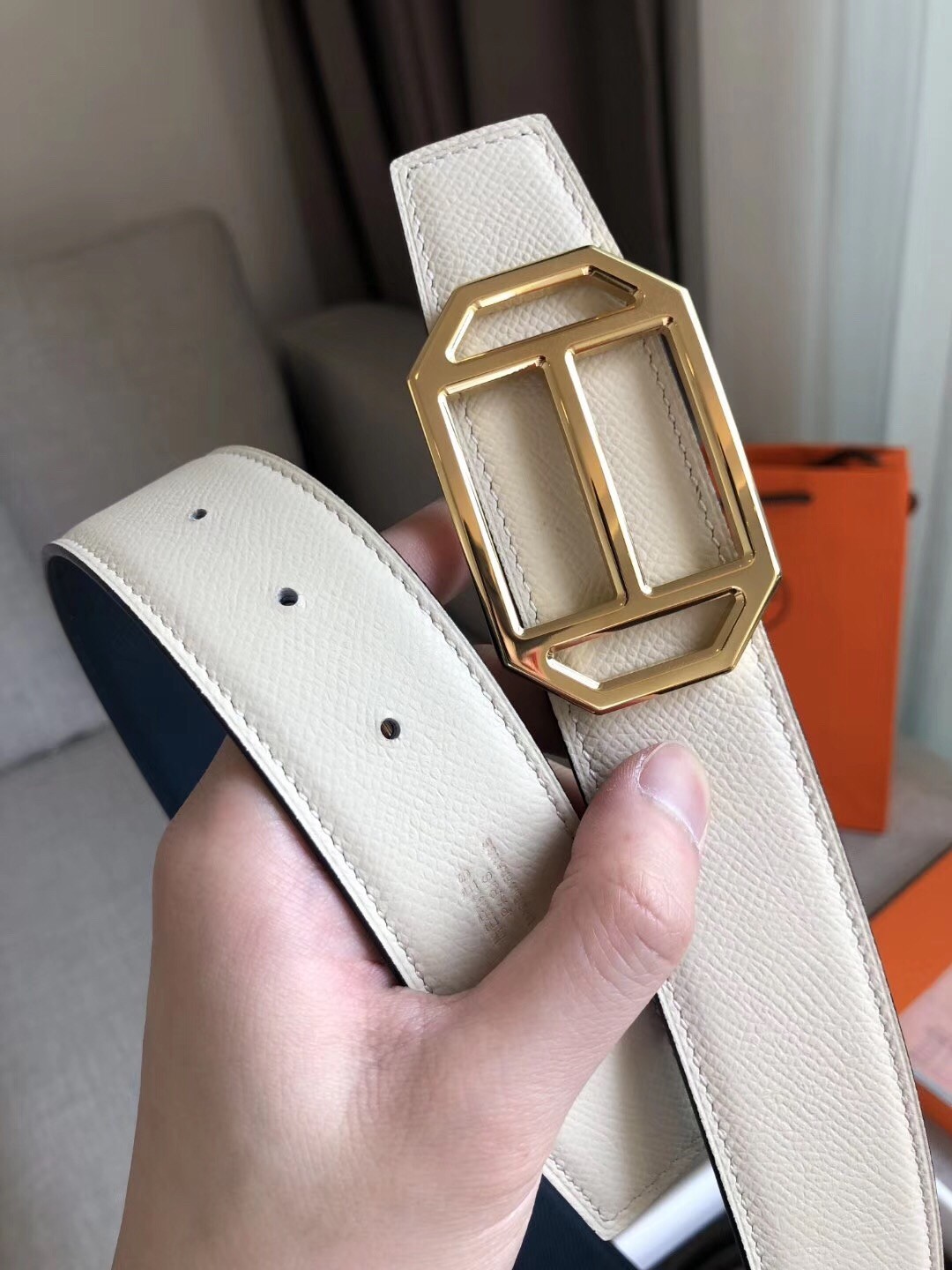 Hermes Pad Reversible Belt In Blue/White Epsom Leather