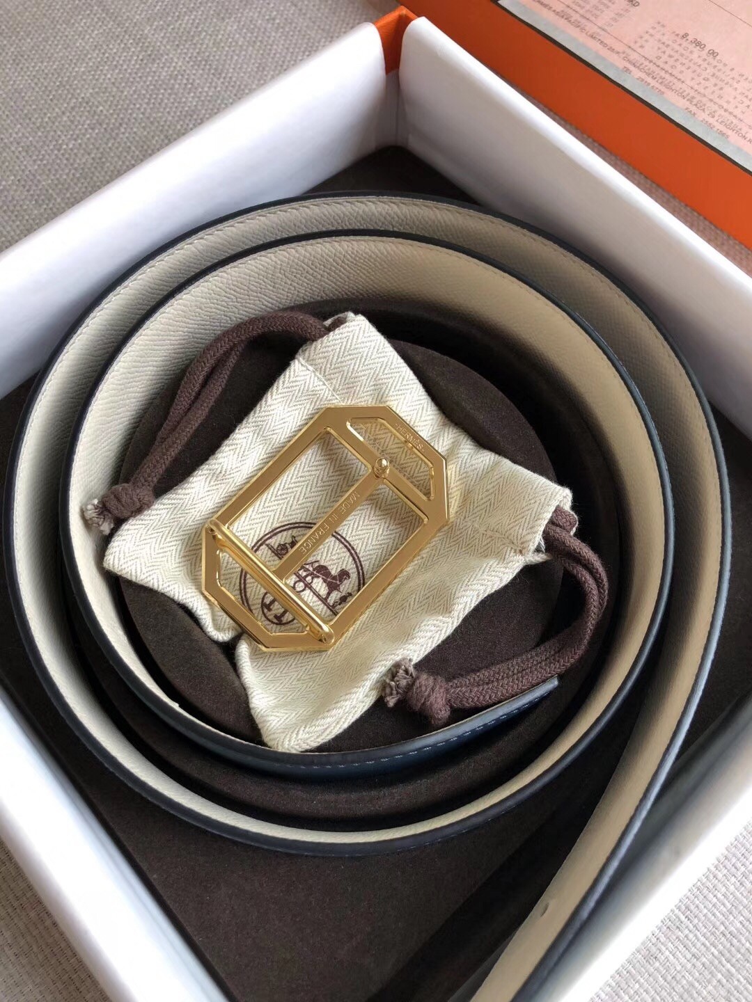 Hermes Pad Reversible Belt In Blue/White Epsom Leather