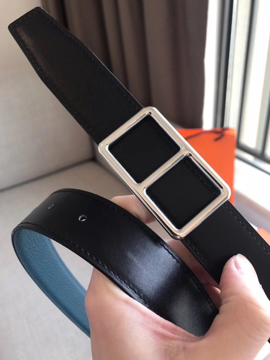 Hermes Officier Reversible 38mm Belt In Blue Clemence Leather