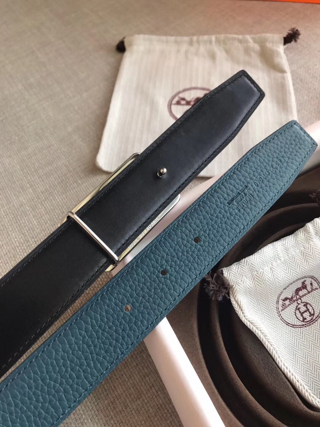 Hermes Officier Reversible 38mm Belt In Blue Clemence Leather