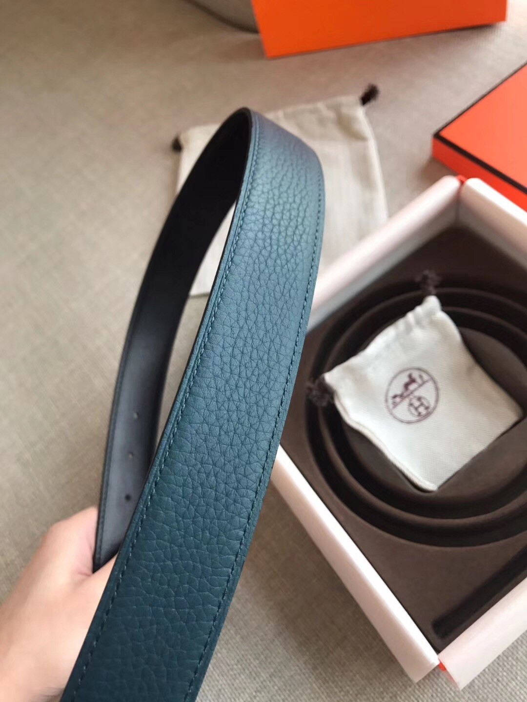 Hermes Officier Reversible 38mm Belt In Blue Clemence Leather