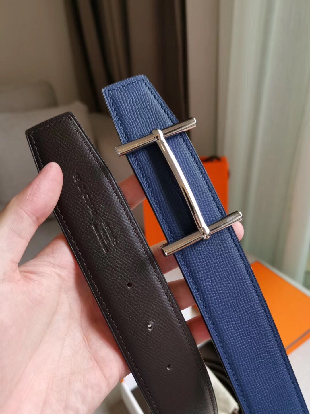 Hermes H d'Ancre Reversible Belt In Indigo/Black Epsom Leather