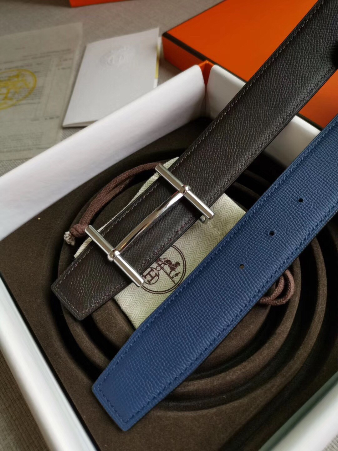 Hermes H d'Ancre Reversible Belt In Indigo/Black Epsom Leather