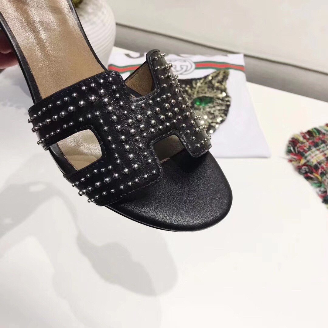 Hermes Legend Wedge Sandal In Black Calfskin With Studs