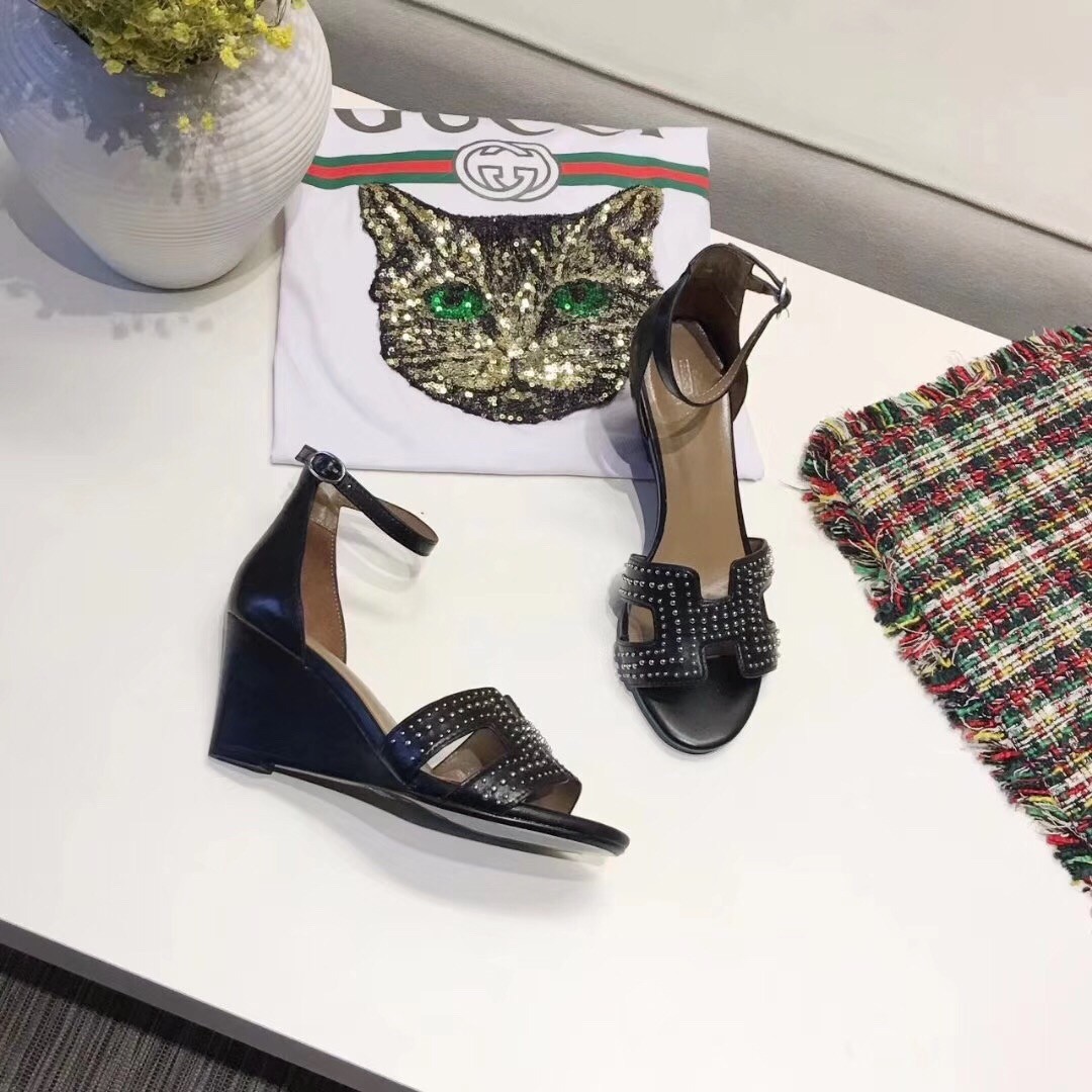 Hermes Legend Wedge Sandal In Black Calfskin With Studs