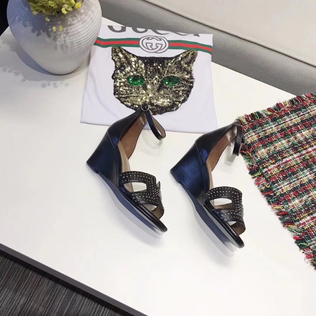 Hermes Legend Wedge Sandal In Black Calfskin With Studs