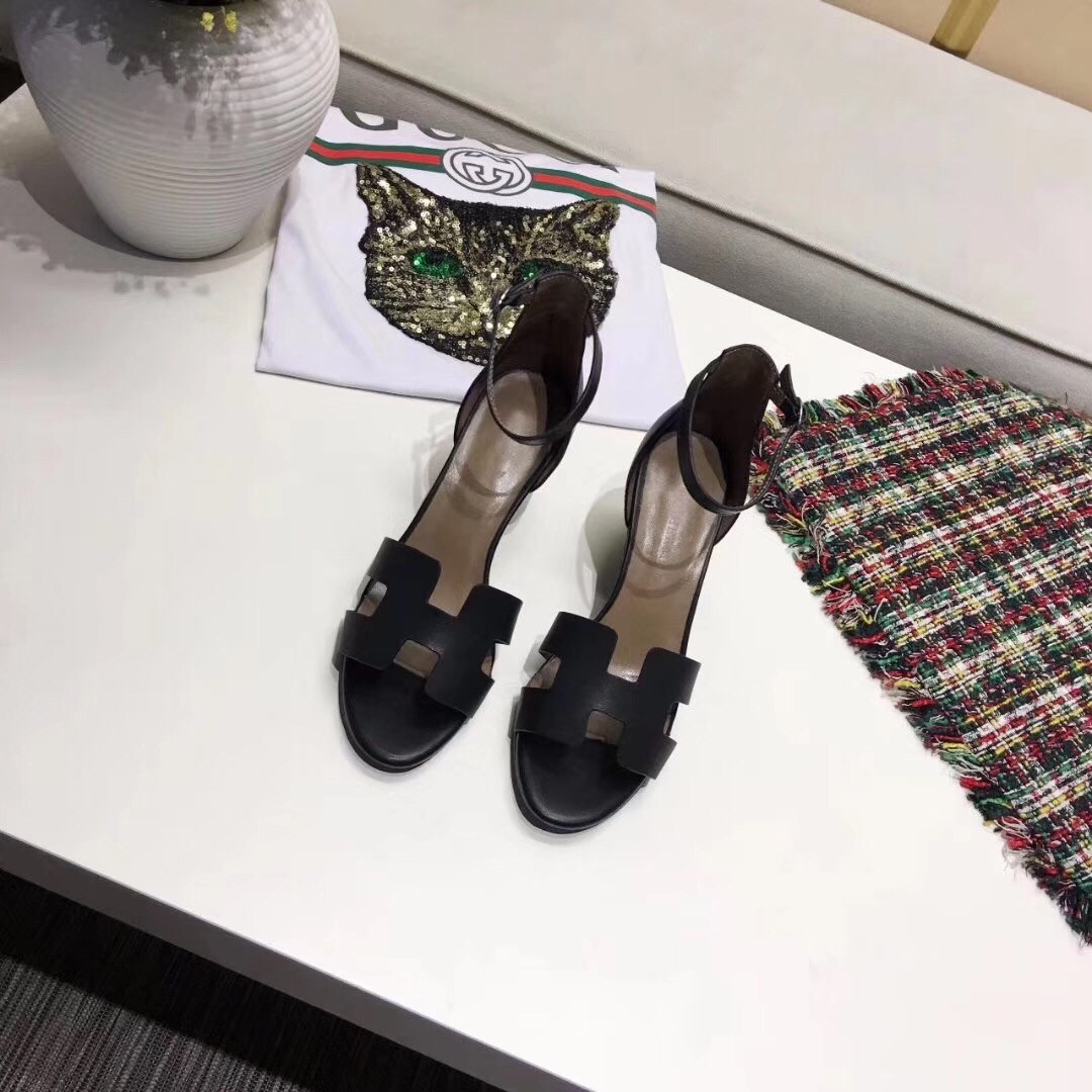 Hermes Legend Wedge Sandal In Black Calfskin