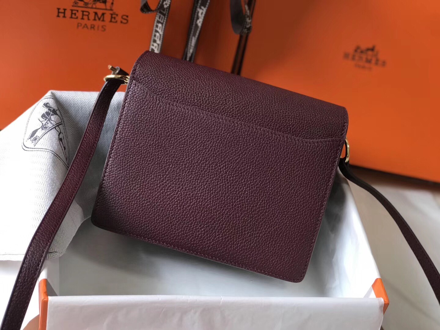 Hermes Mini Sac Roulis 18cm Bag In Burgundy Evercolor Calfskin