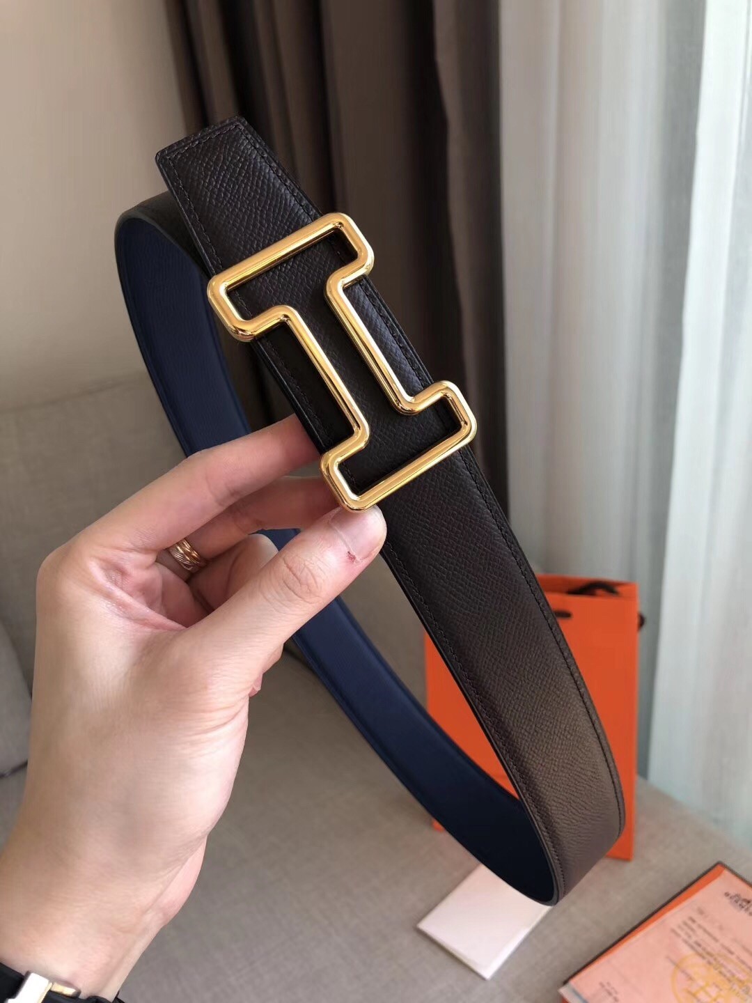 Hermes Tonight 38MM Reversible Belt In Navy/Black Epsom Leather