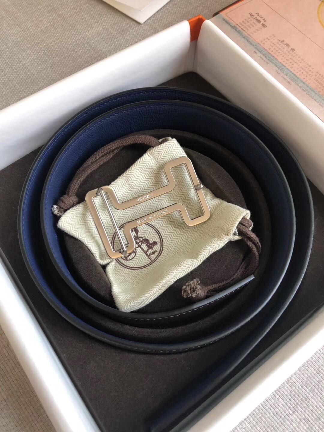 Hermes Tonight 38MM Reversible Belt In Navy/Black Epsom Leather