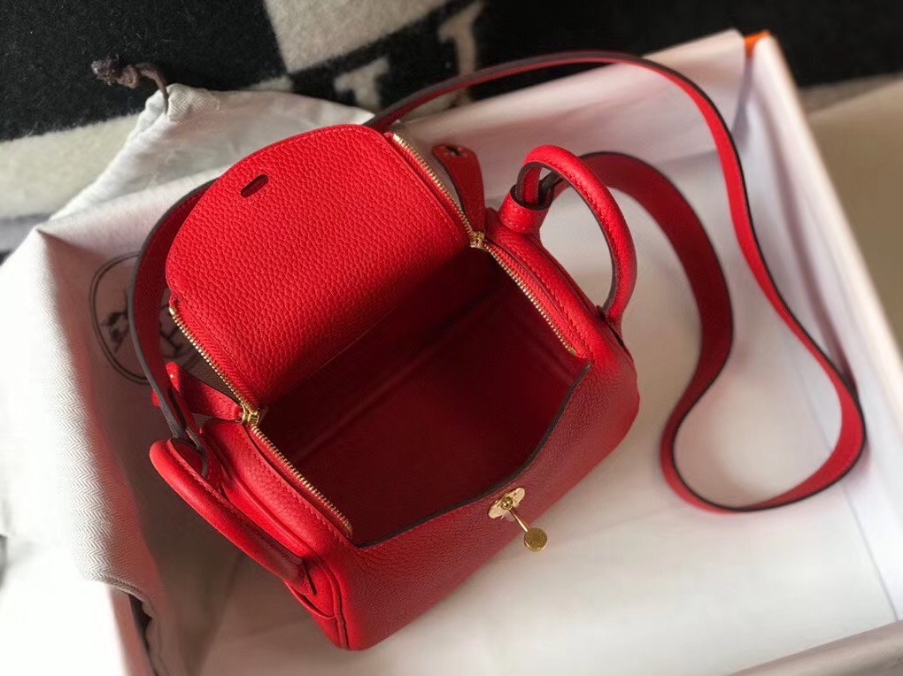 Hermes Mini Lindy Bag In Red Clemence Leather