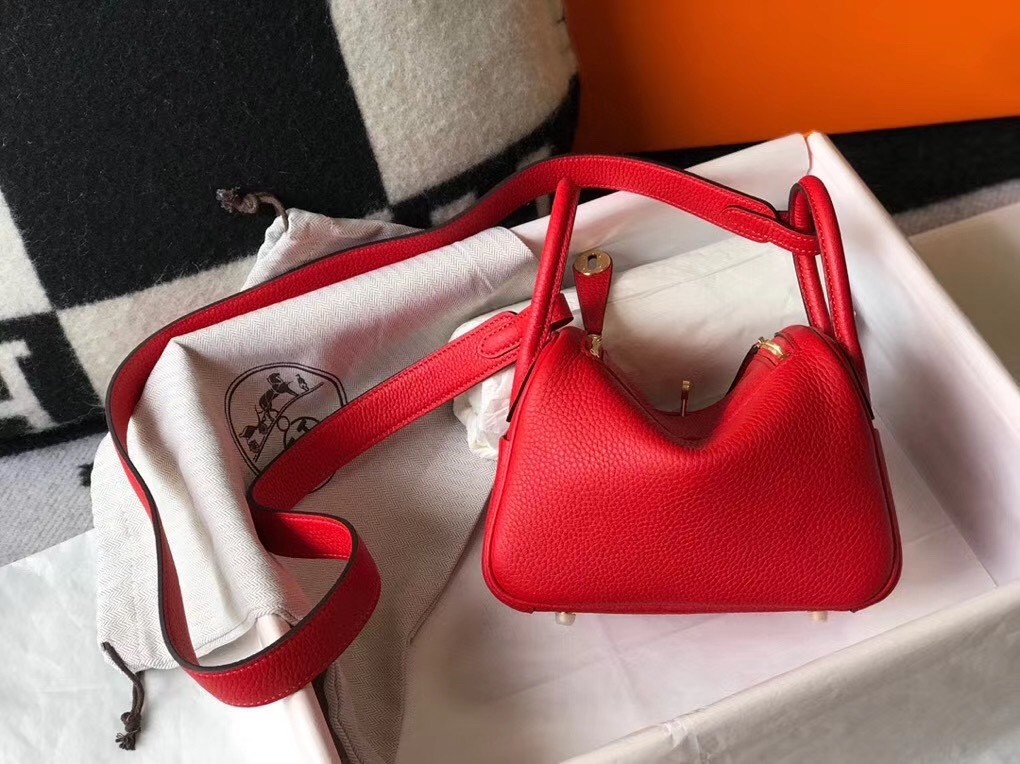 Hermes Mini Lindy Bag In Red Clemence Leather