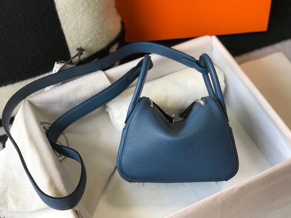 Hermes Mini Lindy Bag In Blue Agate Clemence Leather