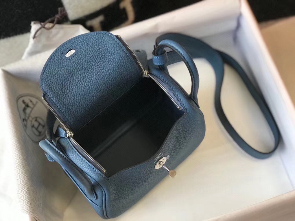 Hermes Mini Lindy Bag In Blue Agate Clemence Leather