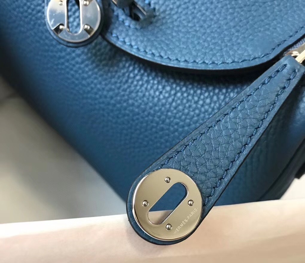Hermes Mini Lindy Bag In Blue Agate Clemence Leather