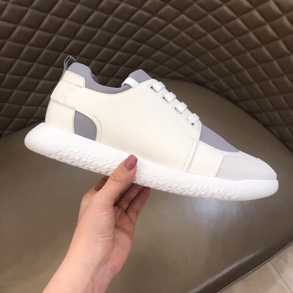 Hermes Vitesse Sneaker In White Epsom and Technical Canvas