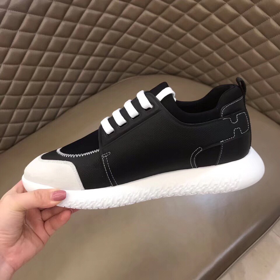 Hermes Vitesse Sneaker In Black Epsom and Technical Canvas