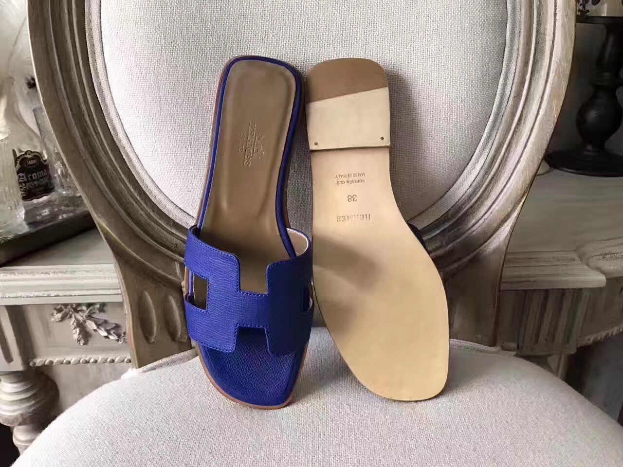 Hermes Oran Sandals In Blue Epsom Leather