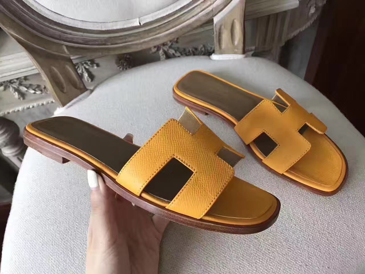 Hermes Oran Sandals In Jaune Epsom Leather
