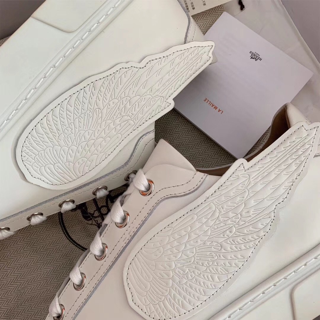 Hermes Velvet Sneakers In White Calfskin With Printed Wing Patch