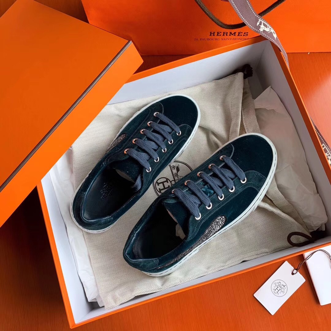 Hermes Velvet Sneakers In Blue Velvet With Embroidered Wing Patch